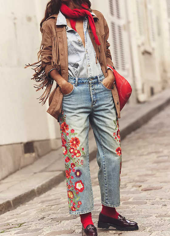 On sale Free People embroidered floral girlfriend jean