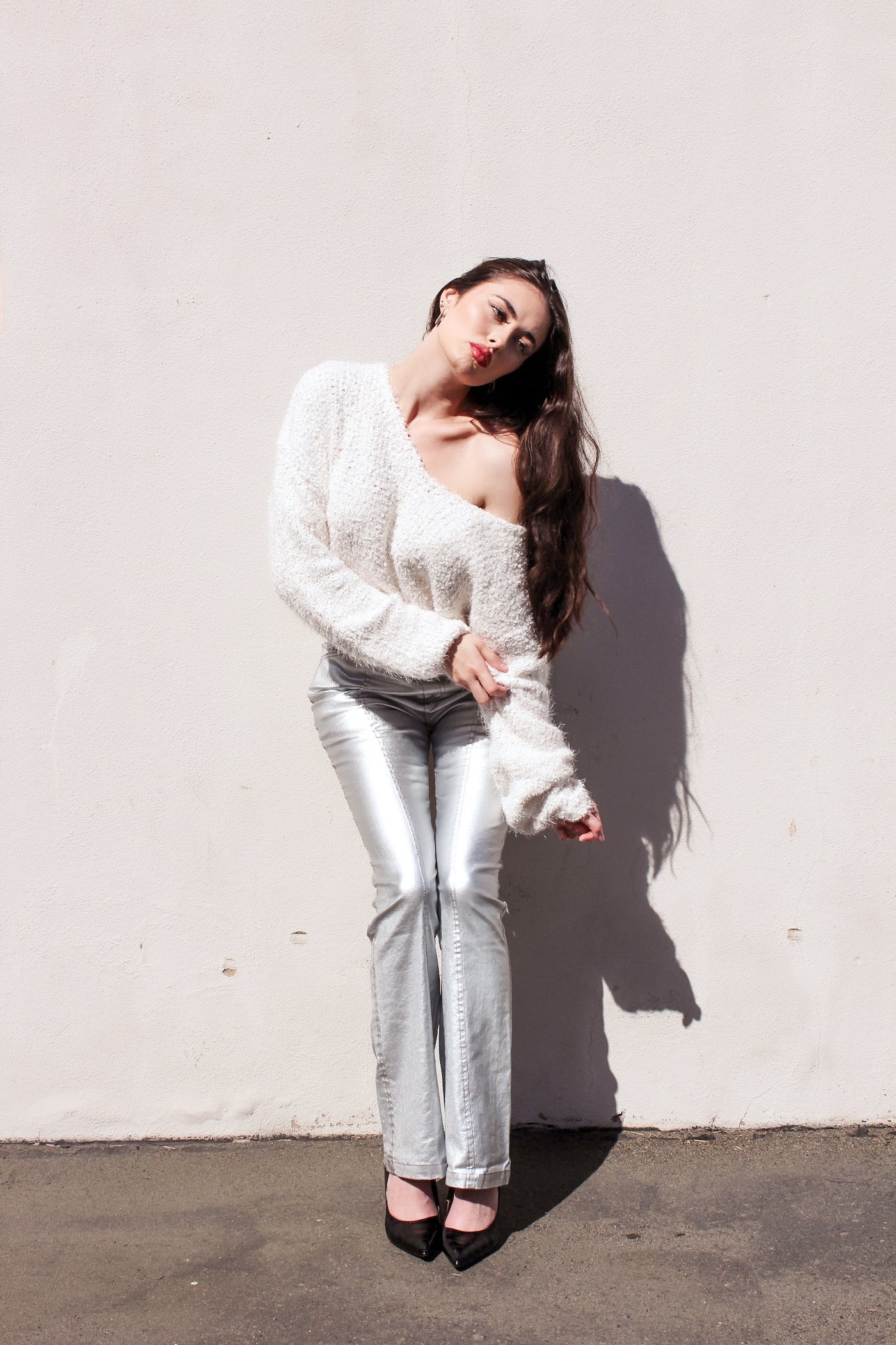 Silver Glow Metallic Fitted Flare Pants by 75