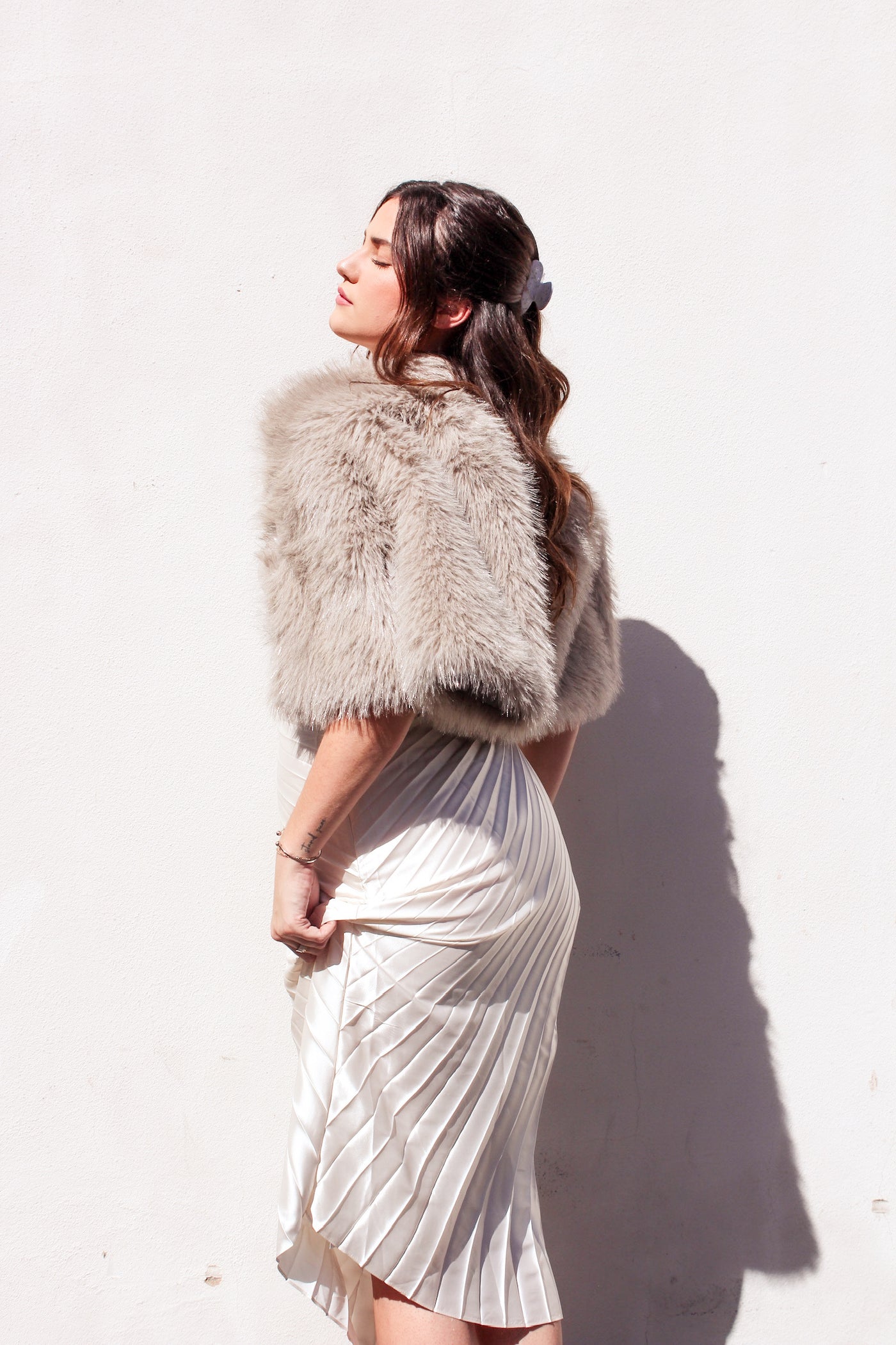 Love Token Alice Shrug: Silver Sands Shimmer Faux Fur Jacket