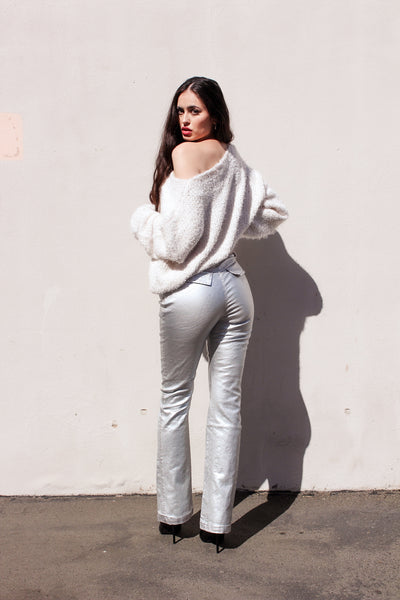 Silver Glow Metallic Fitted Flare Pants by 75