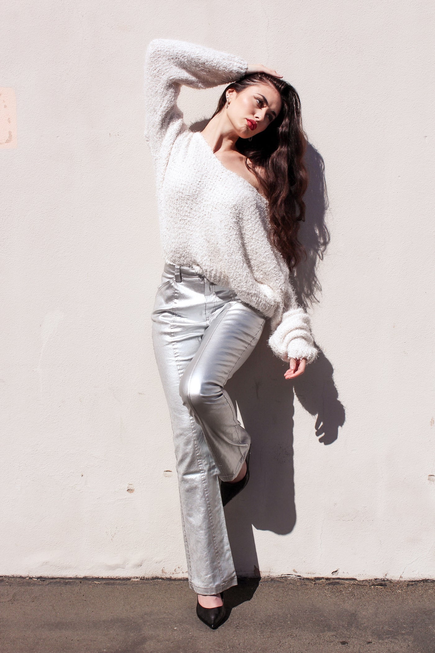 Silver Glow Metallic Fitted Flare Pants by 75