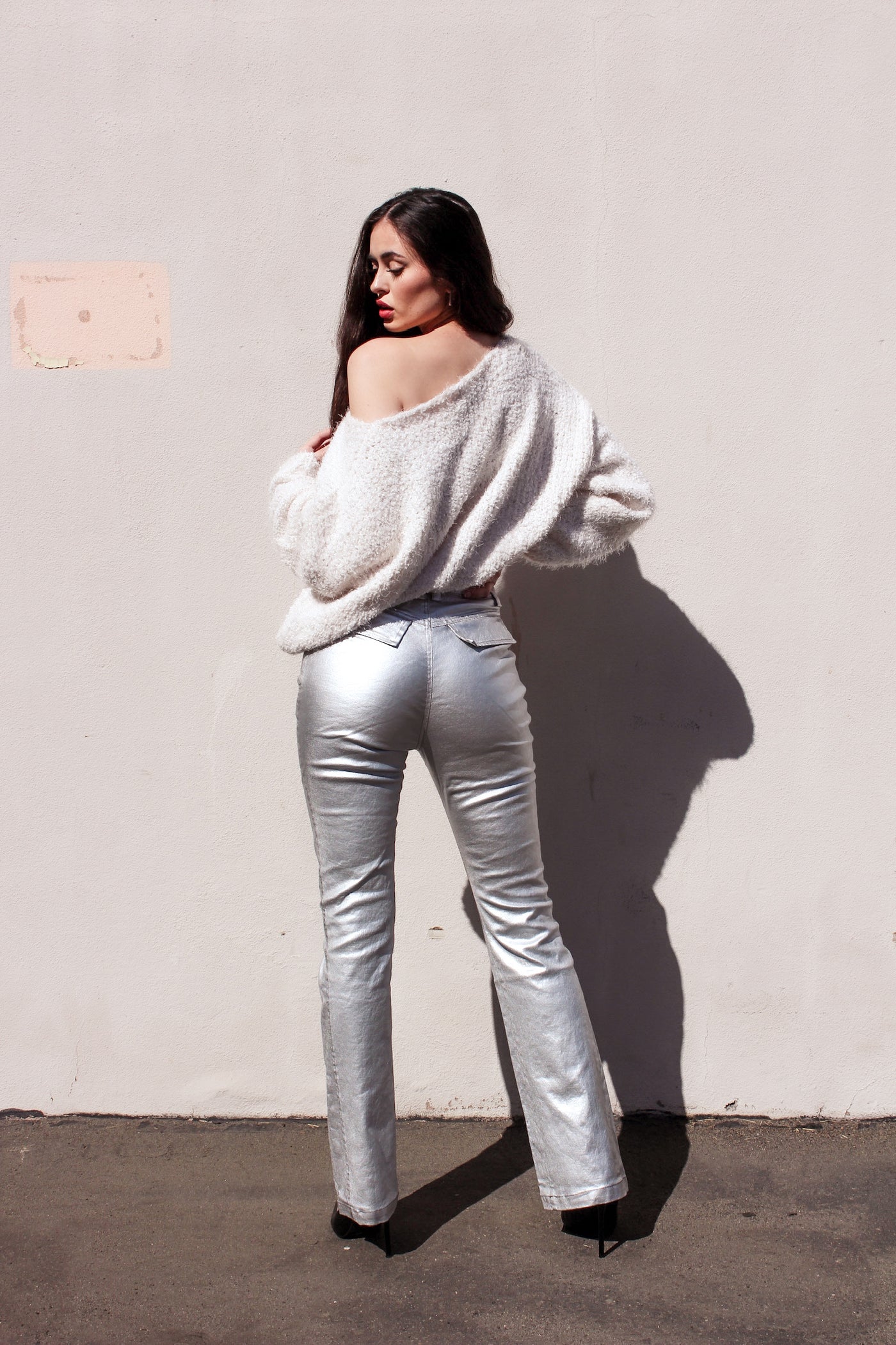 Silver Glow Metallic Fitted Flare Pants by 75