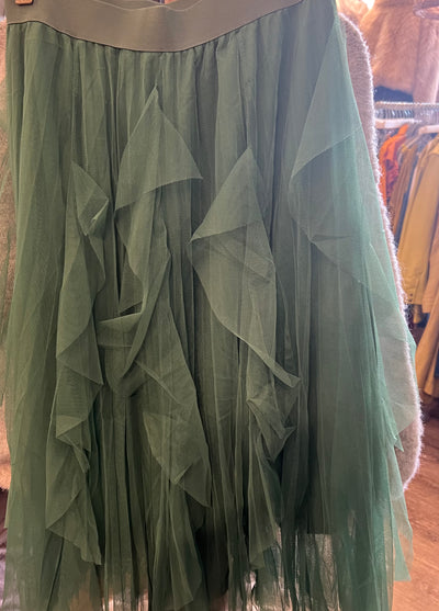 Pleated and Ruffled Tulle Midi Skirt