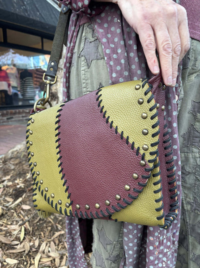 Leather Crossbody Bag with Green Tassel – Olive Green and Burgundy