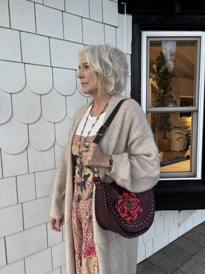 Leather Shoulder Bag – Burgundy with Red Leather Flower