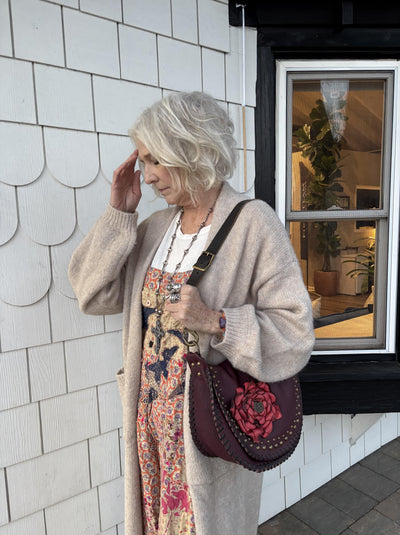 Leather Shoulder Bag – Burgundy with Red Leather Flower