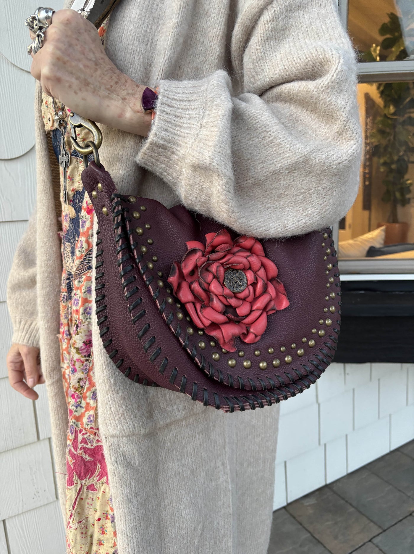 Leather Shoulder Bag – Burgundy with Red Leather Flower