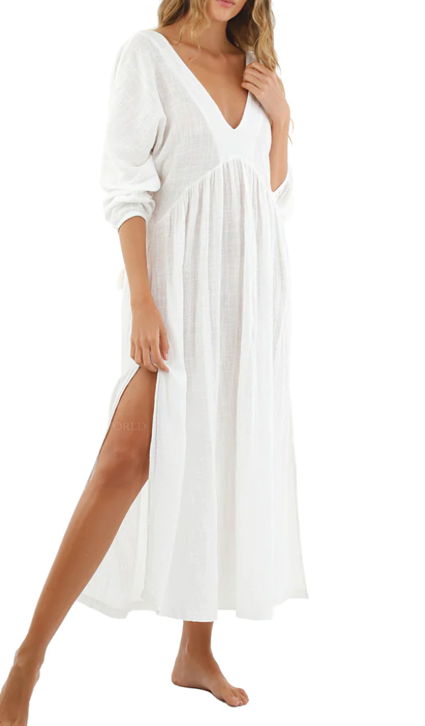 Malai Long-Sleeve Easy V-Neck Cover-Up Dress