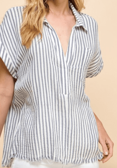 Fit: Loose and flowy for ultimate comfort Style: Striped design with raw edge details Occasion: Great for casual days, beach walks, and laid-back lunches Styling Suggestions: Pair with white flared jeans and sandals for a fresh, breezy look