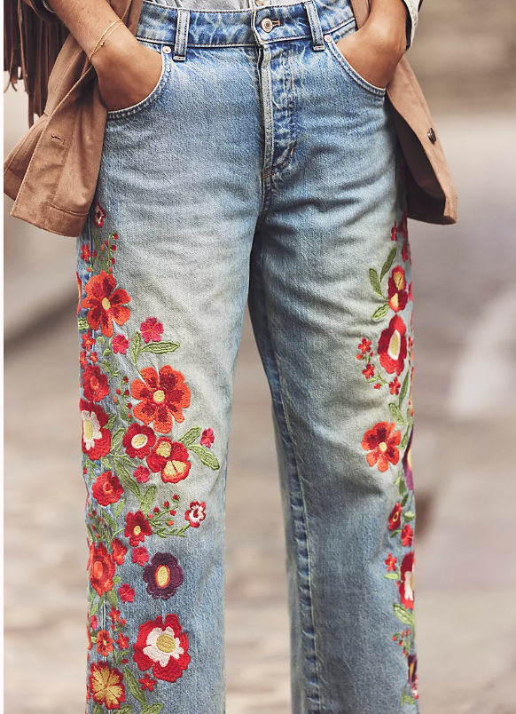 Free People Boho Floral Embroidered Girlfriend buy Light Denim Jeans Size 26