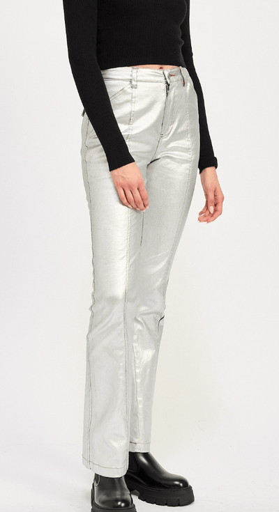 Silver Glow Metallic Fitted Flare Pants by 75