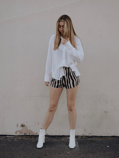 Taupe and Black Striped Pleated Shorts